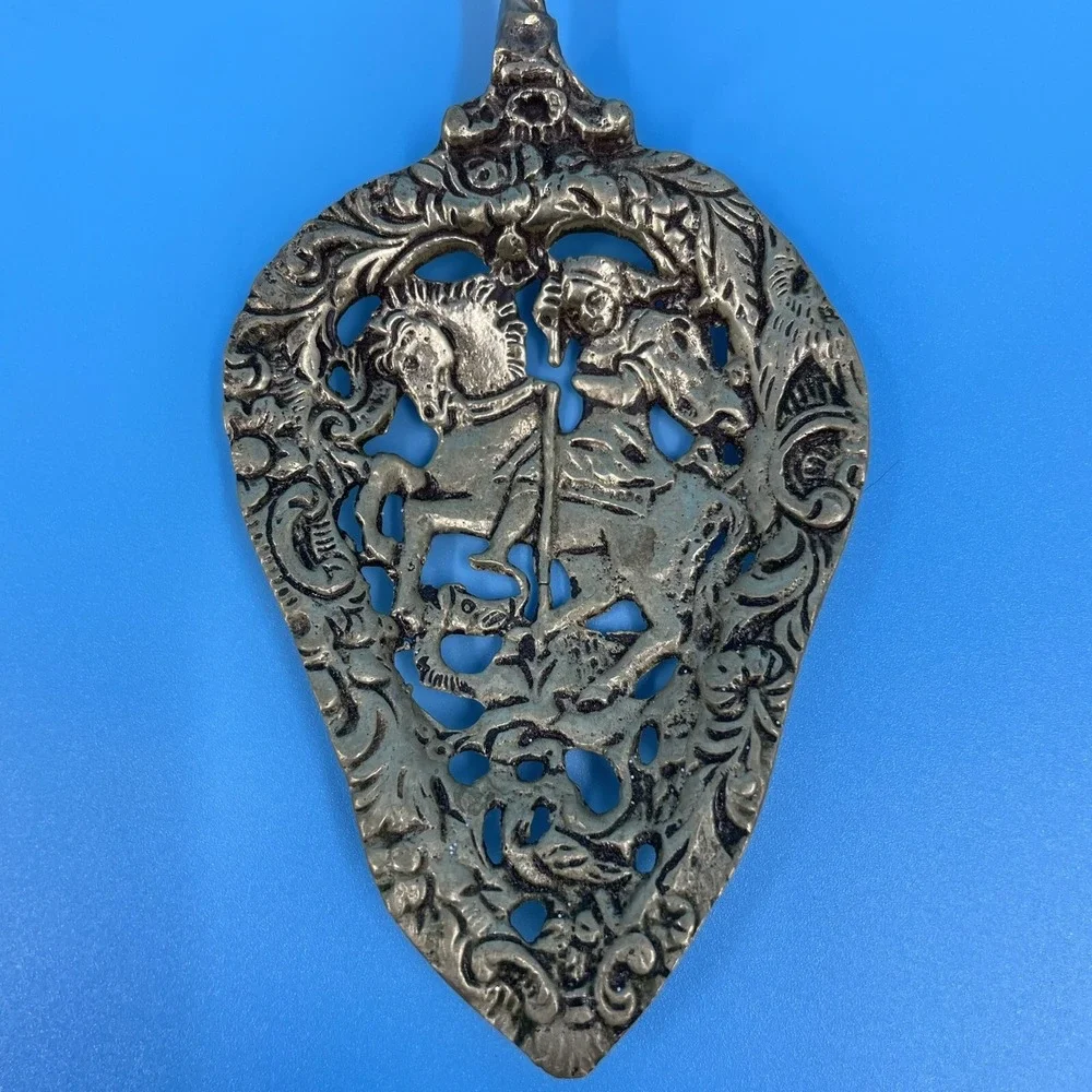 Vintage Ornate Silver Plated‎ Knight Mermaid Pierced Salad Serving Set 2pc